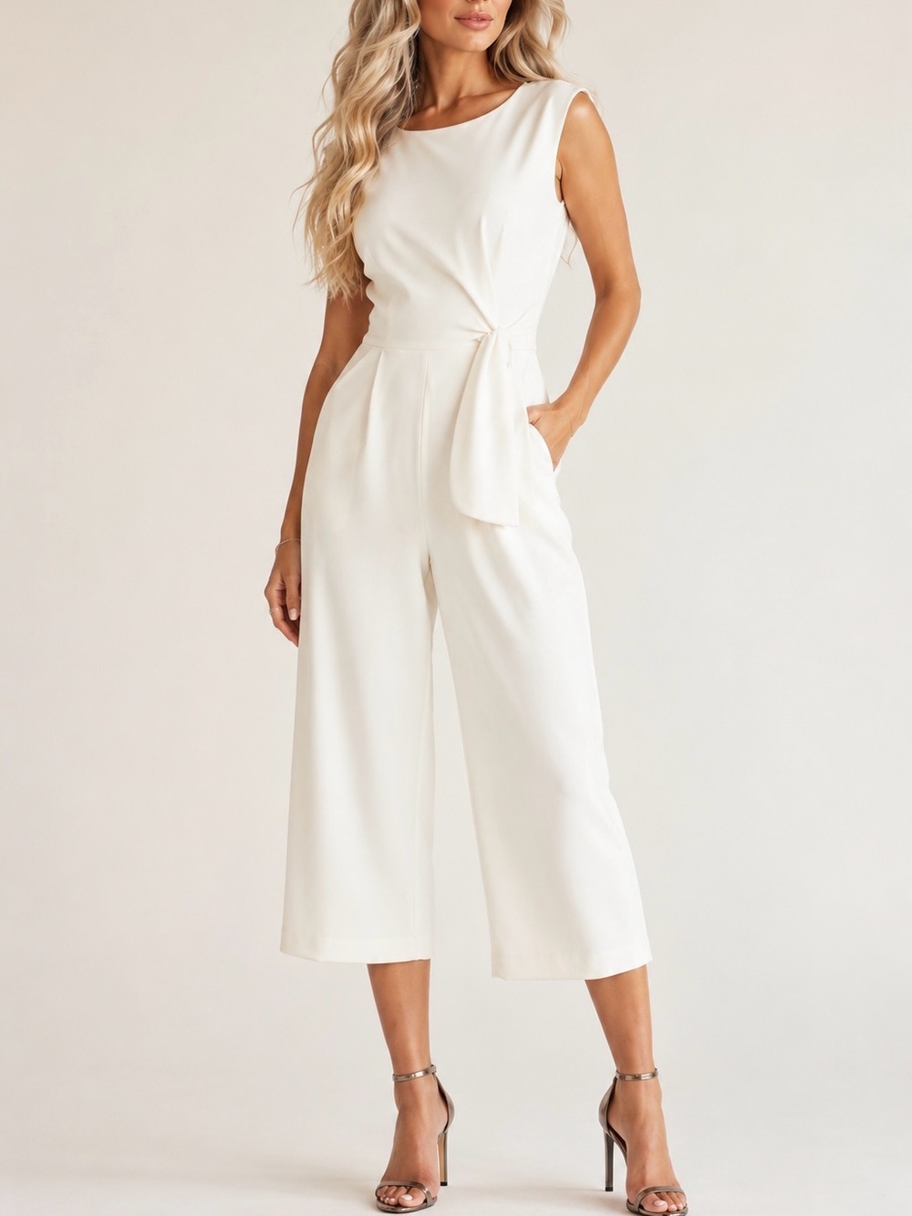 Tahari ASL Scuba Crepe Side Knot Jumpsuit – Size 10 – Ivory